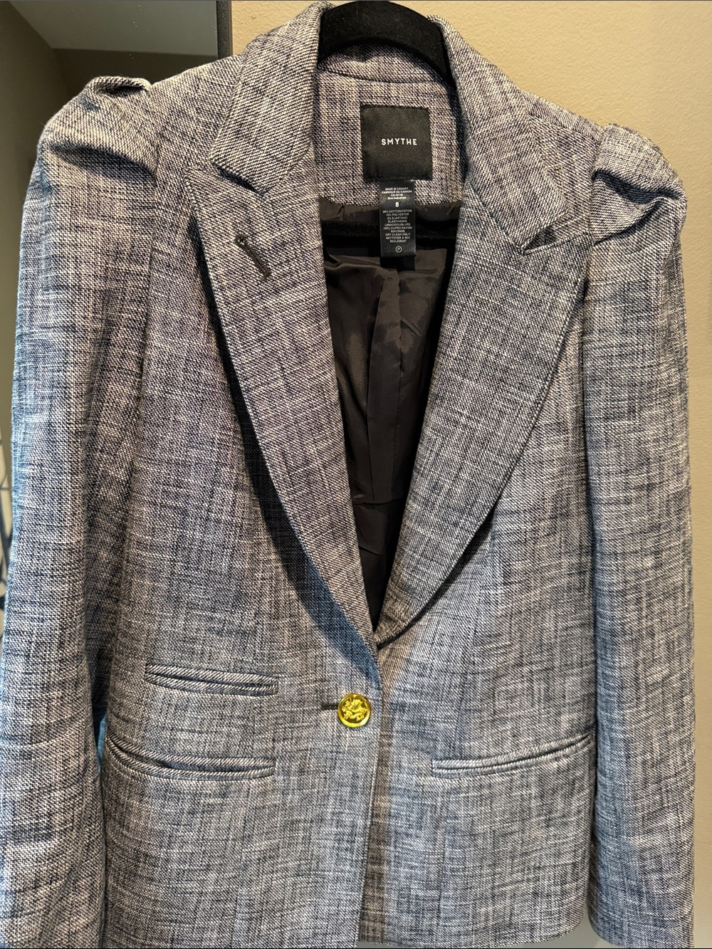 Smythe Gray Tweed Single-Button Blazer with Gold Button